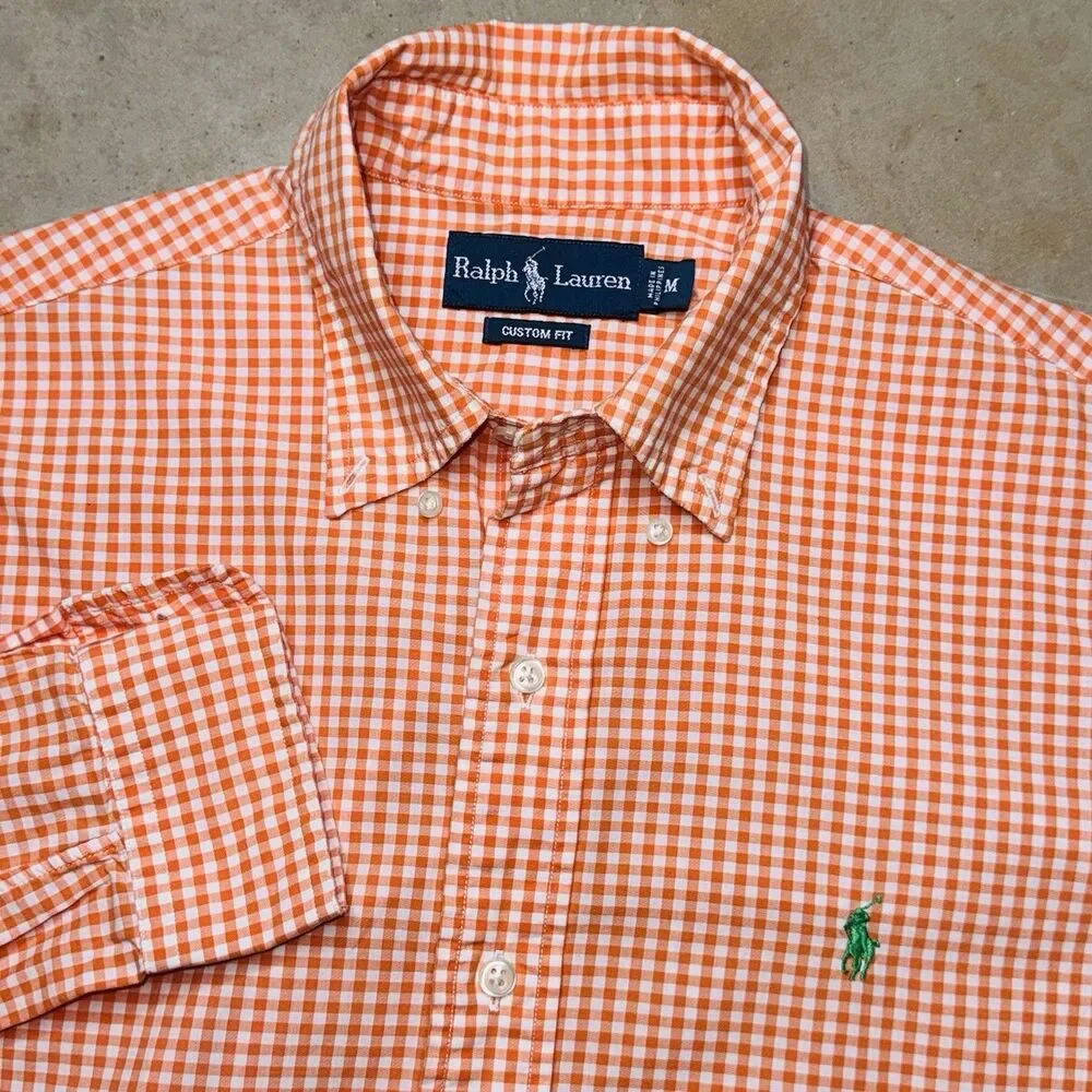 Polo Ralph Lauren Shirt Mens Medium Orange Gingham Check Long Sleeve Preppy
